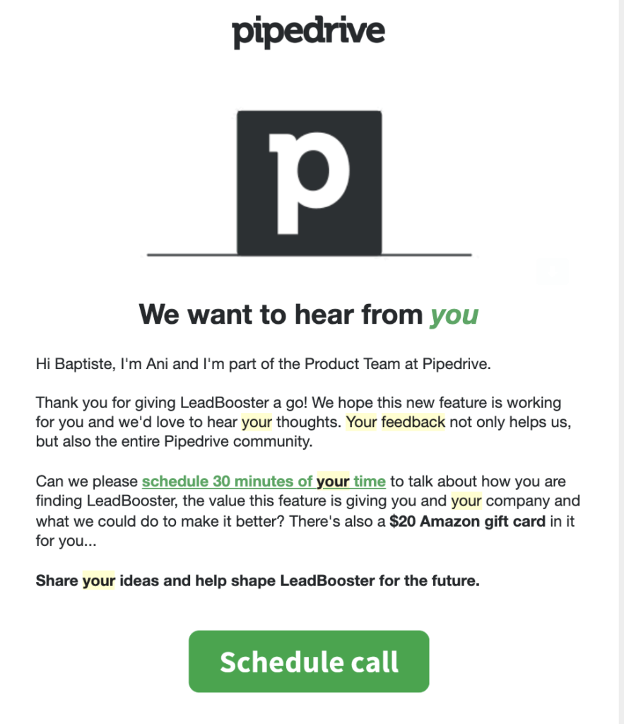 Example of feedback incentive by Pipedrive