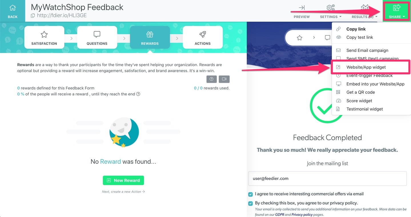 How to collect Feedback for your e-commerce website? - 39 Rewards — Feedier Dashboard 1