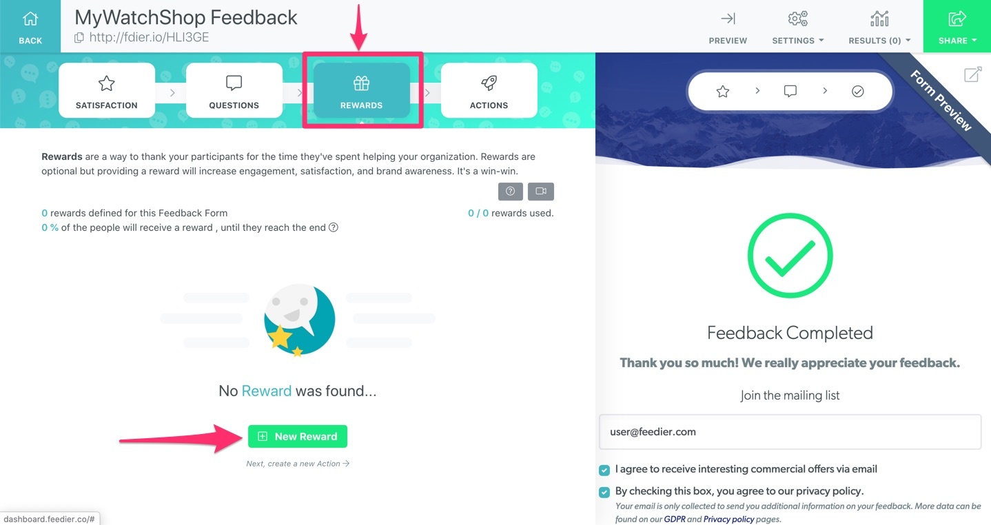 How to collect Feedback for your e-commerce website? - Rewards — Feedier Dashboard