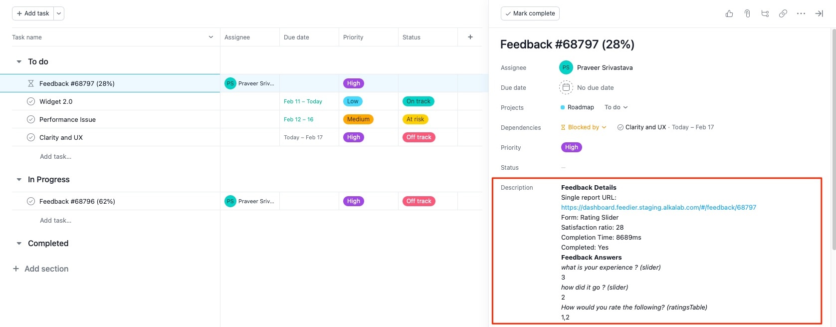 Get more details on your feedback with the asana lists