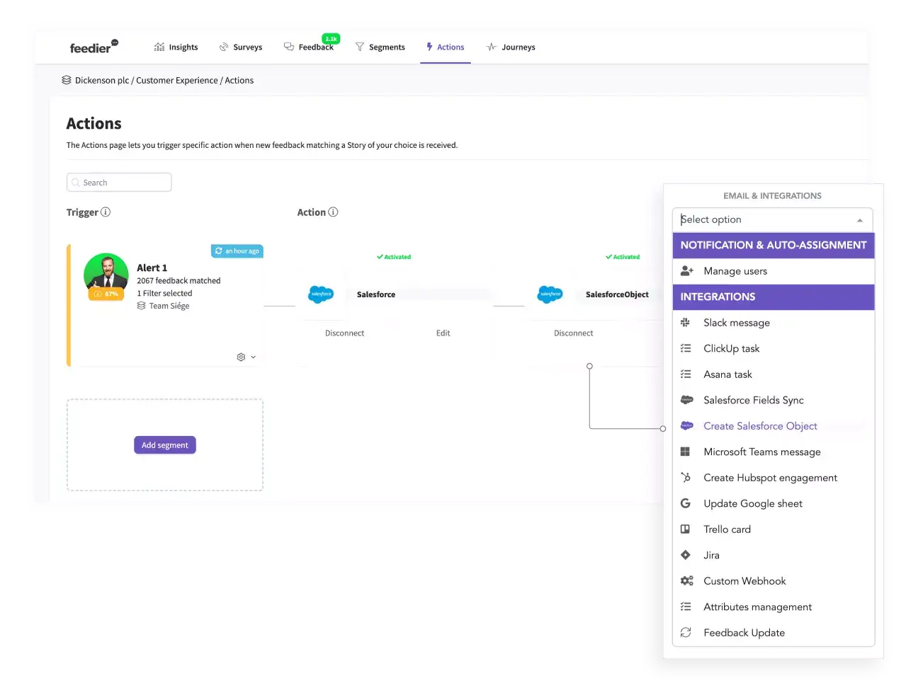 saleforce actions in feedier