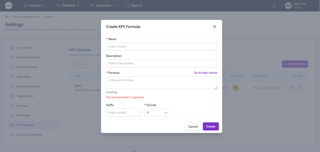 Create KPI formula Feedier plateform