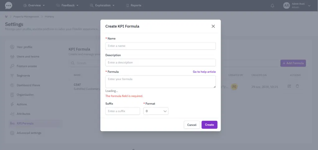 create KPI formula feedier plateforme